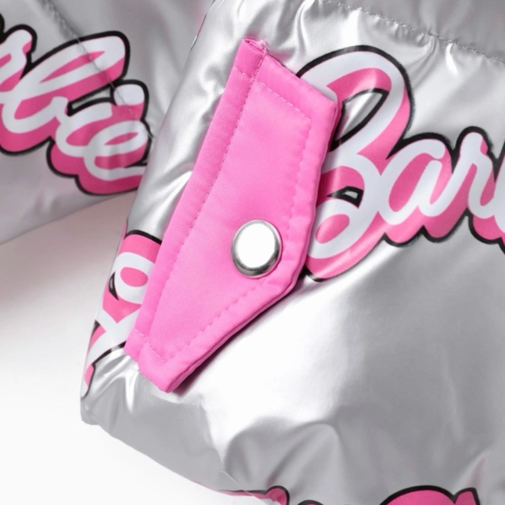 Barbie Girl 1pc Logo Pattern Long-sleeve Crop Puffer Jacket Silver and Pink - Picture 4 of 12